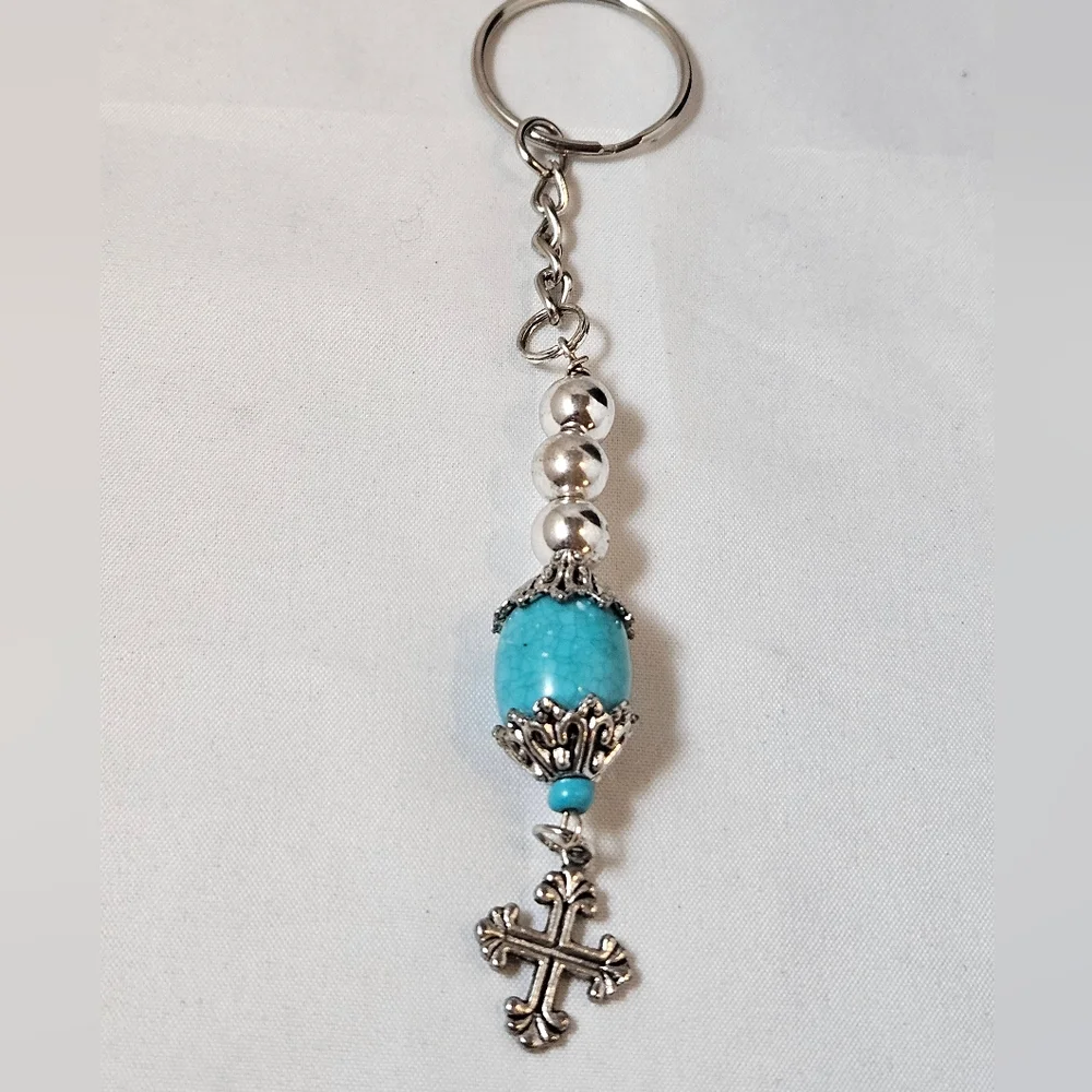 Hand Crafted Turquoise And Silver Cross Keychain